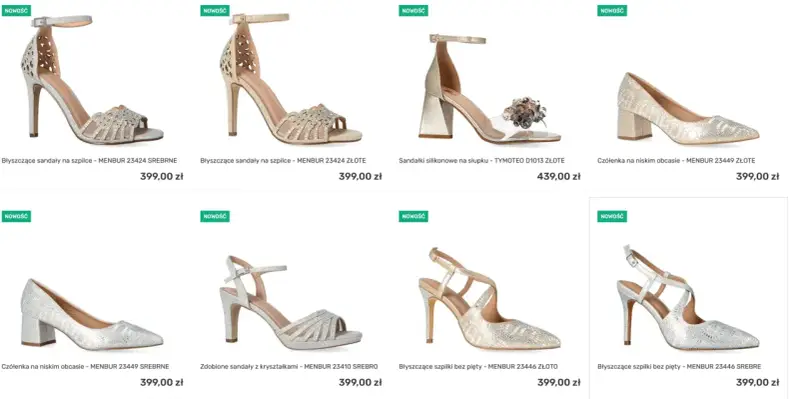 Szukasz idealne buty do ślubu? Zobacz błyszczące sandały i czółenka na niskim obcasie w kolorze złota i srebra.